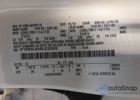 2024 Ford Ranger Raptor from USA, damaged, VIN 1FTER4LR3RLE23552